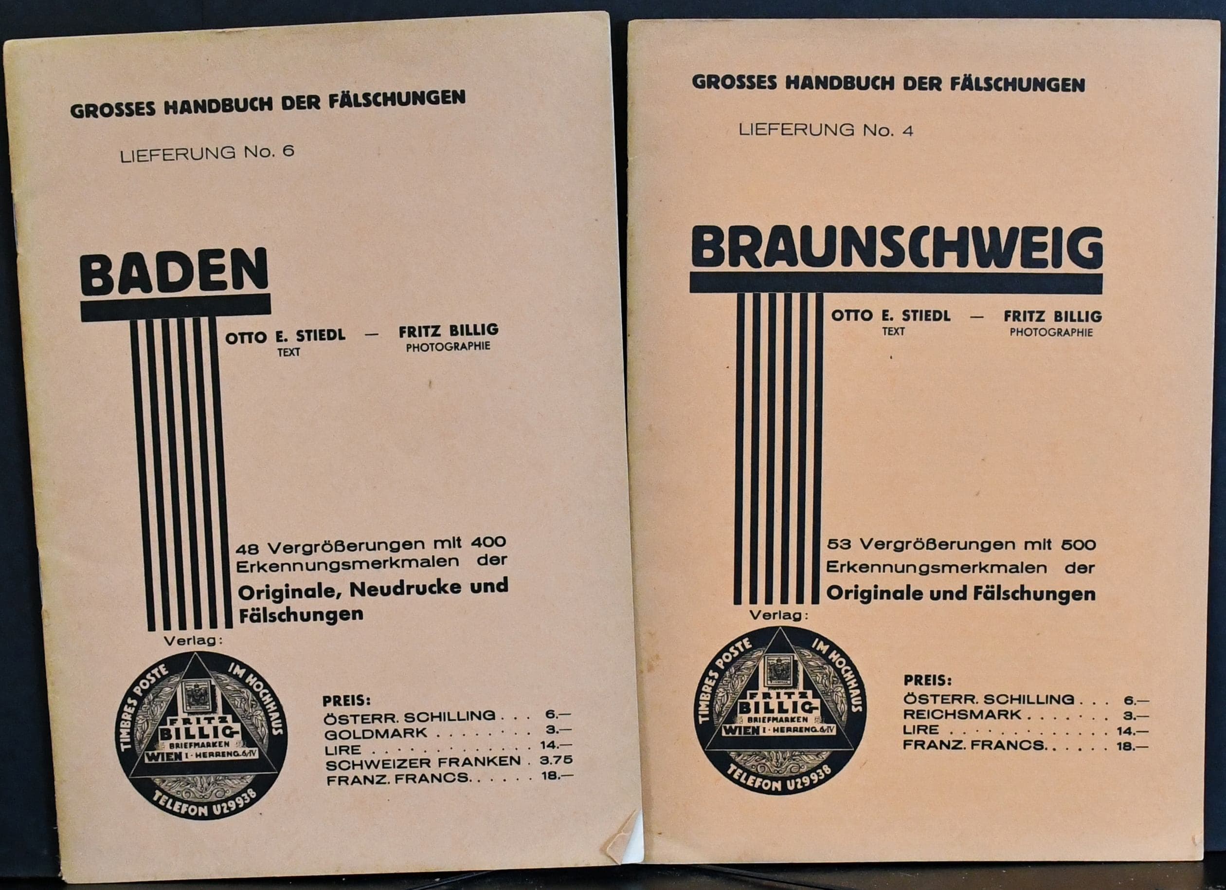 Los 6464 - Altdeutschland, die frühen Fälschungs-Monographien von Stiedl/Billig aus den 1930er Jahren mit guten Beschreibungen und Abb., neun versch. von Baden bis Thurn und Taxis