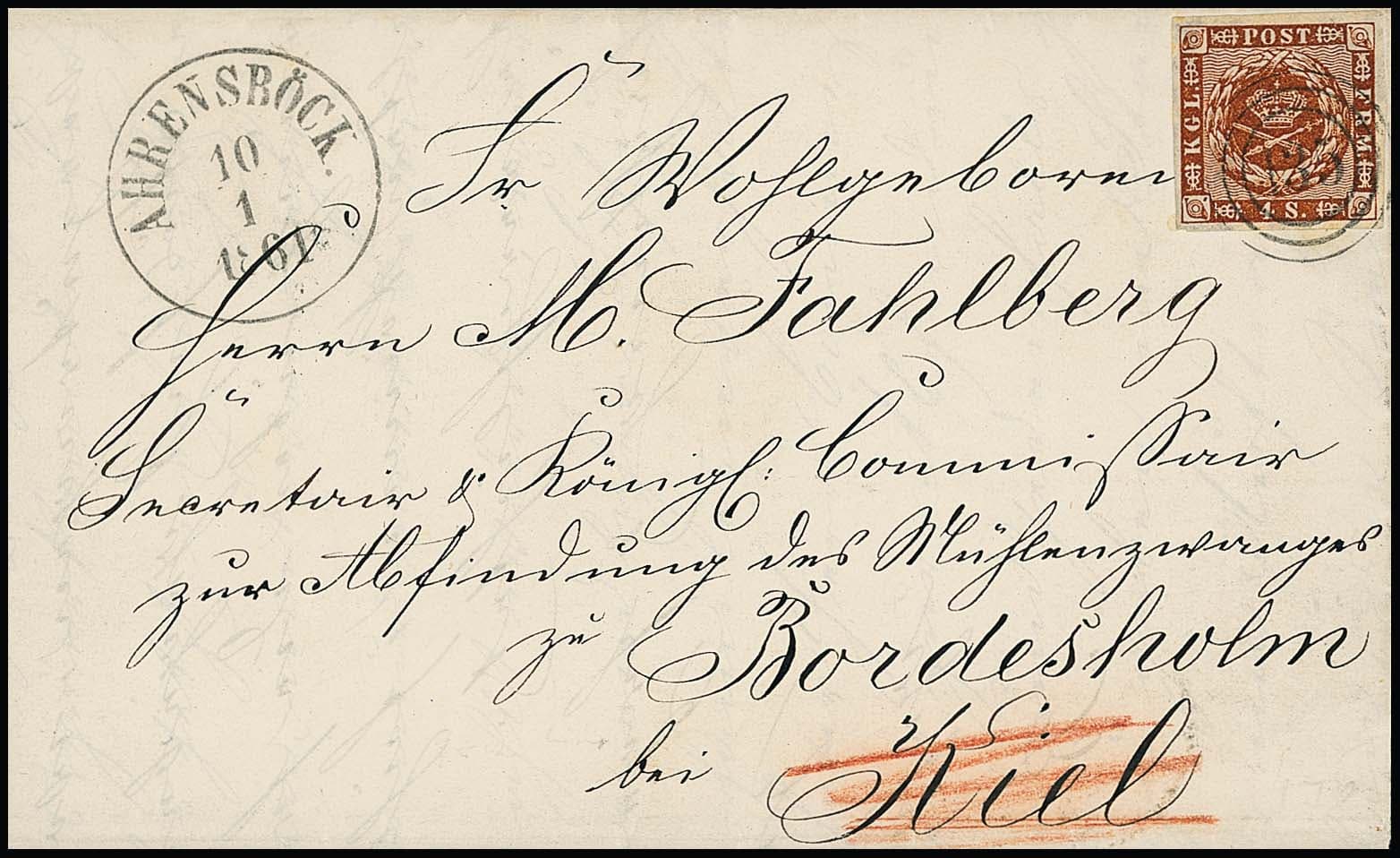 Los 3142 - "135" nebst K1 "Ahrensböck" klar auf kalligraphisch hübschem Luxusbrief Dänemark 4 Sk.