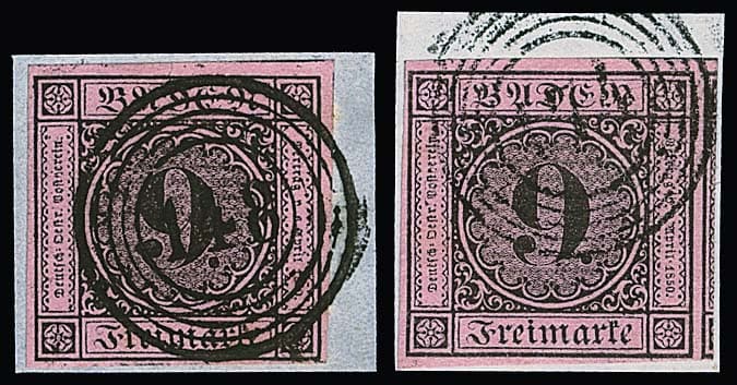 Los 1222 - 9 Kr. schw./altrosa bzw. auf rosa (5), gesamt sechs Briefstücke in oft Kabinetterhaltung, dabei breitrandige Marken