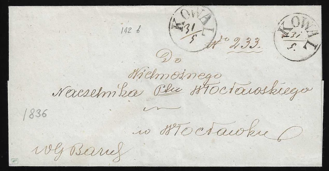 Los 5643 - "Kowal", (1836), K1 mit hs. Datum zweimal auf sauberem Brief