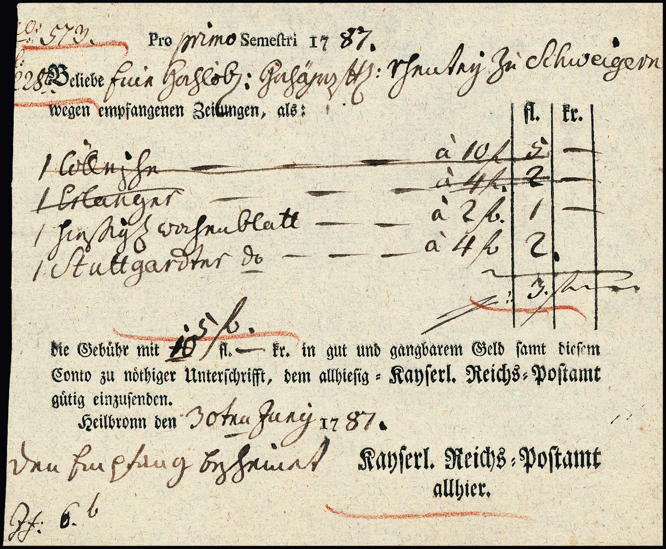 Los 57 - "Heilbronn", 1787, beide 30. Juni (!), zwei versch. Ortsdruck-Zeitungsscheine der Reichspost vom gleichen Tag, aber deutlich unterschiedliche Formulare, so ungewöhnlich!