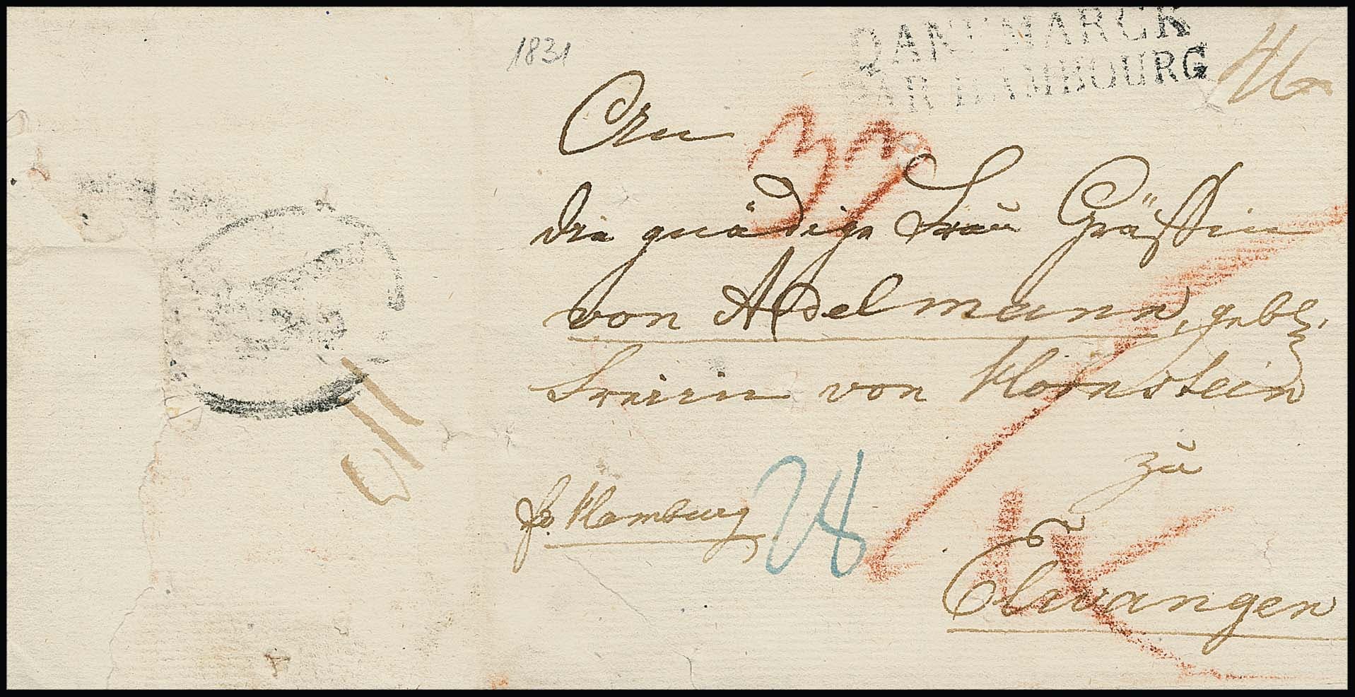Los 34 - "Gereinigt in Frankfurt a.M.", 1831, schwacher Abschlag des Ovalstempels rs. auf Brief aus Copenhagen nach Ellwangen, Feuser 600,-