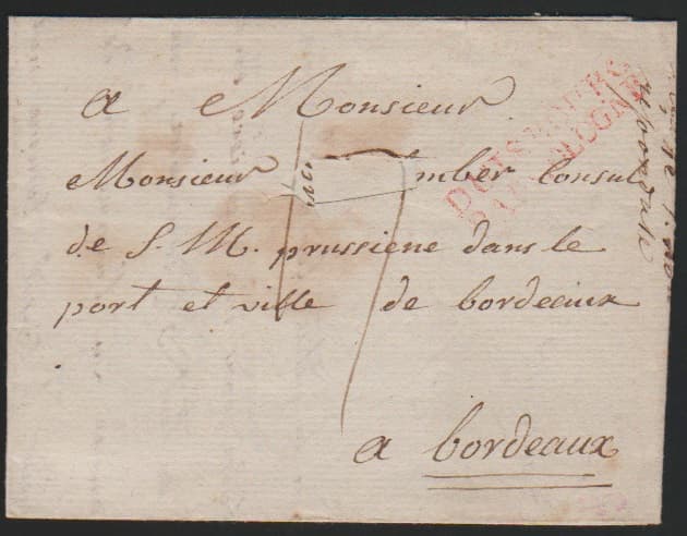 Los 6 - "Duisbourg par Cologne", 1801, klarer roter L2 auf Brief (kl. Ausschnitt) aus Duisburg nach Bordeaux, Feuser 500,-