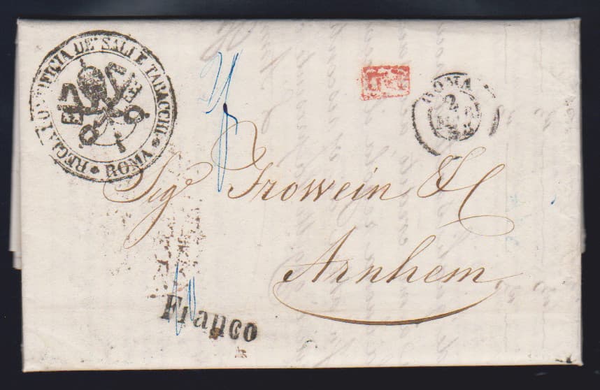 Los 17 - "Kirchenstaat-Niederlande", 1858, bar frankierter Brief der 2. Gewichtsstufe von Rom nach Arnheim (10 Baj. Kirchenstaat, 16 Baj. DÖPV, 4 Baj. Niederlande)