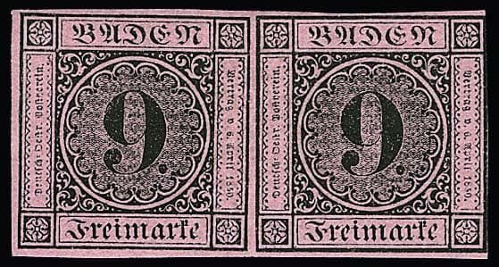 Los 13 - 9 Kr. schw./rosa, waagerechtes ungebrauchtes Paar mit vollem Originalgummi, linke Marke sehr breitrandig, rechte ausgabetypisch nur rechts etwas berührt. Mi. 750,- +, sign. Ebel, Richter und Fotoexp. Stegmüller "farbfrische und ursprüngliche, tadellose Erhaltung"