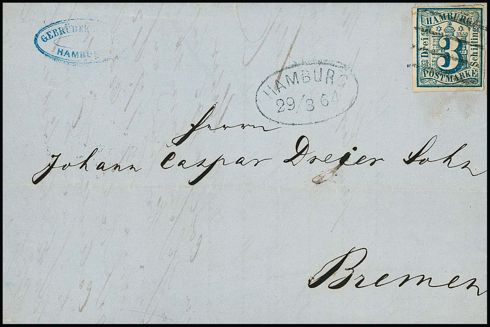Los 1924 - 3 Sch. preußischblau, allseits vollrandig, oben links kleine Aufspaltung, auf Faltbrief von Hamburg 1864 nach Bremen, sign. Löhden. Mi. 1400,-