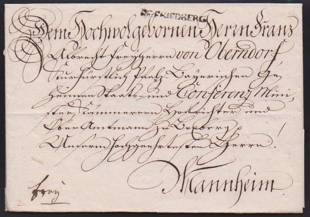 Los 3288 - "Friedberg", 1762, der kleine L1 "DE FRIEDBERG" in rot auf Brief, sowie größere Type in schwarz auf kalligraphisch schön adressiertem Adelsbrief 1788, Feuser 1020-2, -3