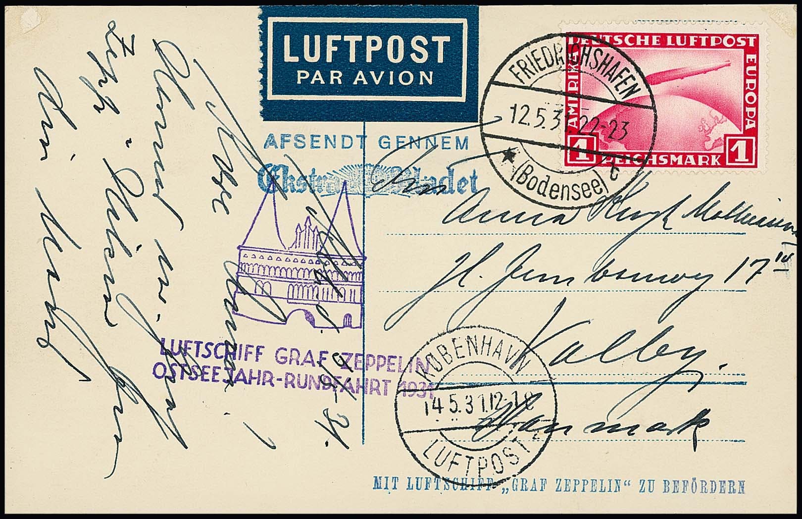 Los 4451 - Ostseejahr-Rundfahrt 1931, Karte ab Friedrichshafen mit 1 RM Zeppelin, Auflieferung Kopenhagen