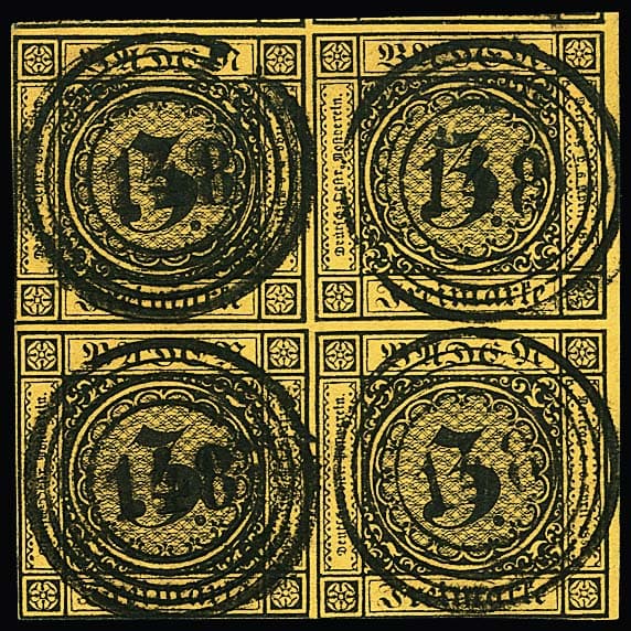 Los 7 - 3 Kr. schw./dunkelgelb, farbfrischer Viererblock, jede Marke mit klarem, zentrischem NS "148" (Villingen). Unten und links oben berührt, sonst teils überrandig, linke obere Marke kleine Eckbugspuren, sonst tadellos. Von dieser Marke sind insgesamt nur fünf gestempelte Viererblöcke registriert, der vorliegende ist bei uns registriert seit der 5. Schwenn-Auktion 1966. Attest Stegmüller. Mi. 3200,-