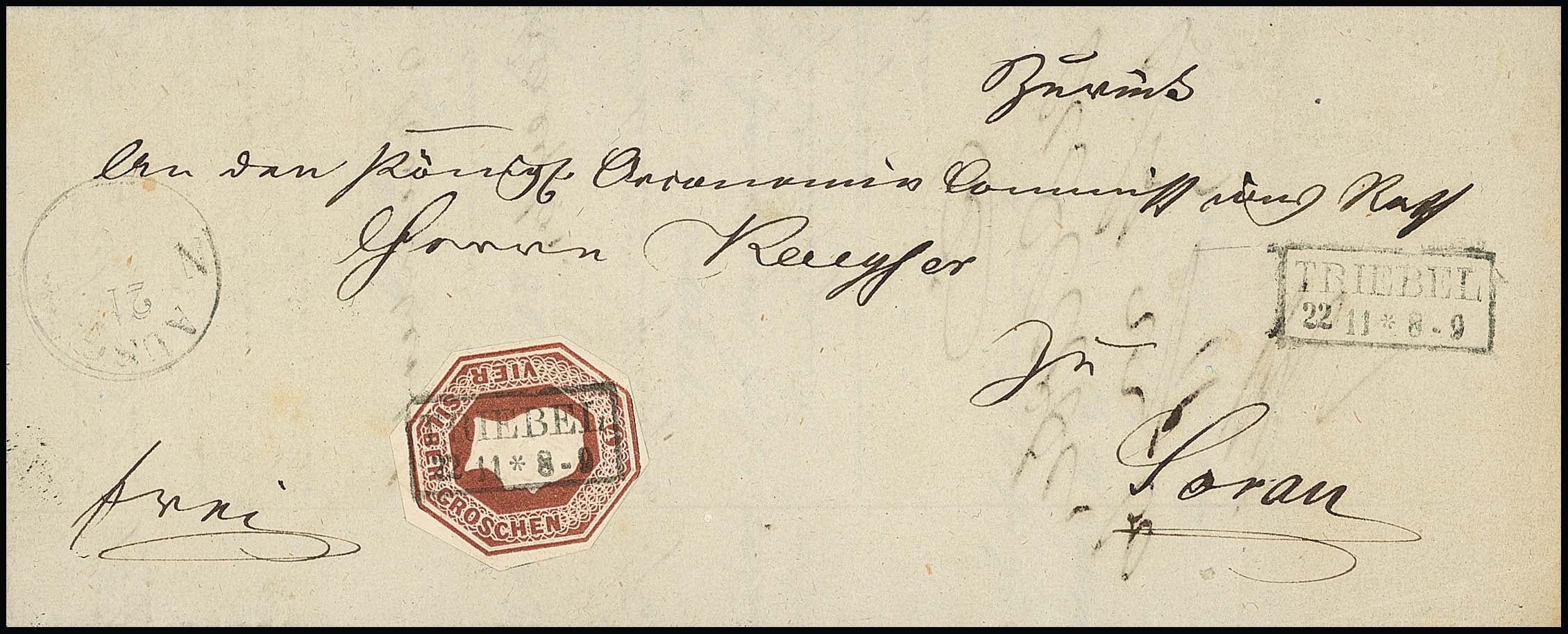 Los 533 - Oktogon-Ganzsachen-Ausschnitt 4 Sgr. rotbraun, breitrandig achteckig geschnitten, einzeln mit klarem Ra2 "Triebel" auf prachtvollem Post-Insinuations-Document nach Sorau, Attest Brettl. Mi. 1200,-