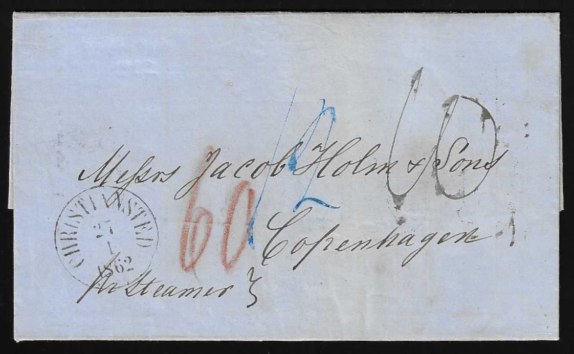Los 1010 - "Dänisch-Westindien-Dänemark", 1862, Brief aus "Christiansted" (K1 vs.) via St. Thomas (rs. K1 und engl. K1), London und Hamburg (Ovalstempel) nach Kopenhagen