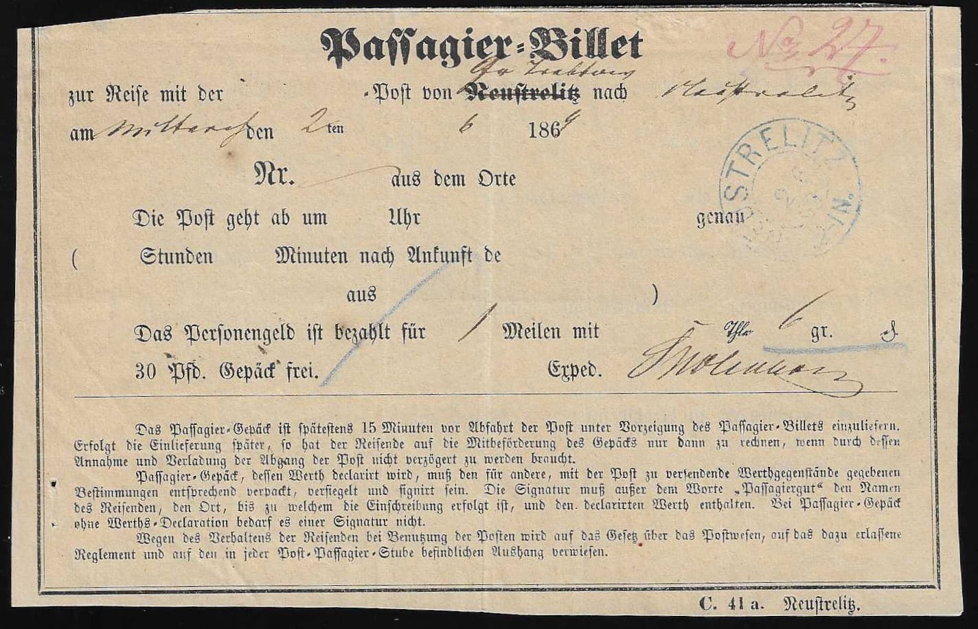 Los 2382 - "Neustrelitz", 1869, blauer K2 auf oben etwas verkürztem, vorgedrucktem Post-Reiseschein "Passagier-Billet" für eine Fahrt nach Neustrelitz