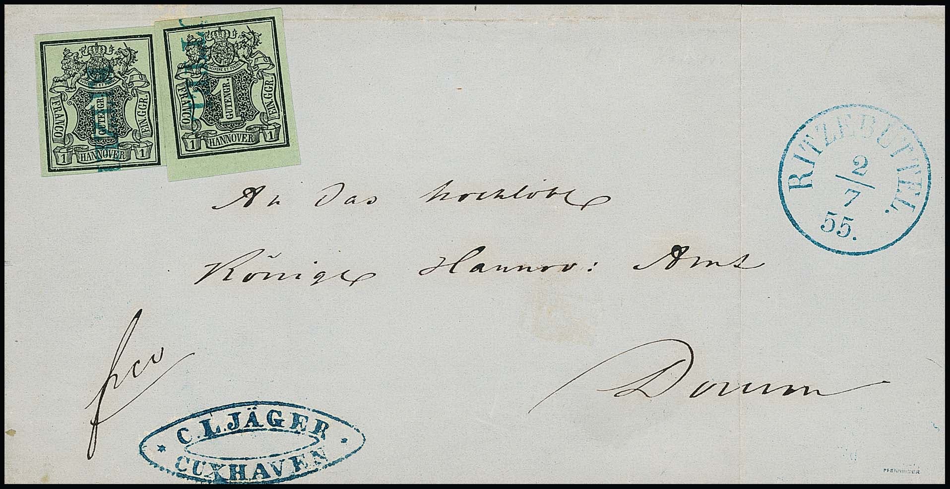Los 2032 - "Ritzebüttel", blauer L1 als Vorausentwertung, K1 1855 nebengesetzt, auf Faltbrief mit zwei perfekten 1 Ggr. schw./meergrün (einmal vom Unterrand), Abs.-Stempel von Cuxhaven, sign. Pfenninger, Kruschel