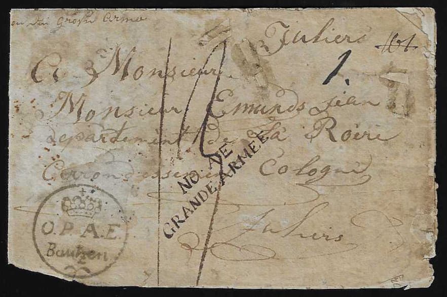 Los 2531 - "Cöln", 1813, Schreibschrift-L2 "Deboursé Cologne" auf leider fehlerhaftem Feldpostbrief der Grande Armée aus Lauban mit hs. Stempel-Provisorium "NO AE GRANDE ARMÉE" nach Cöln