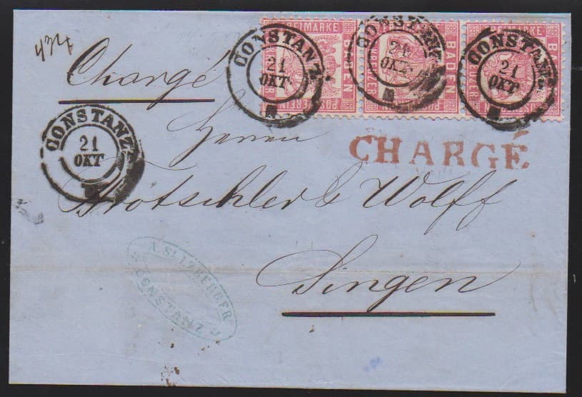 Los 1329 - 3 Kr. rosa im Dreierstreifen auf Pracht-Chargébrief von Constanz (K2) nach Singen