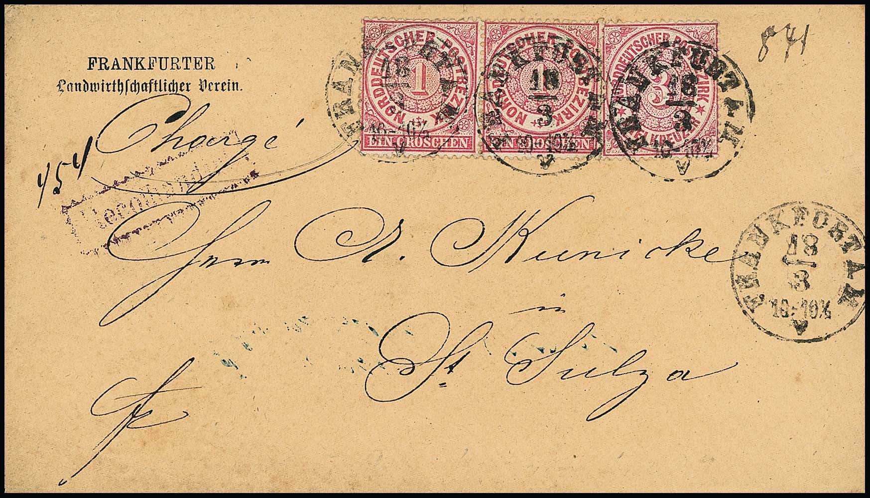 Los 670 - 1 Gr. rosa im waagerechten Paar in Währungs-Mischfrankatur mit 3 Kr. rosa auf beigem Kabinettcouvert (Vordruck des Landwirtschaftlichen Vereins) mit K1 "Frankfurt a.M." nach Stadtsulza