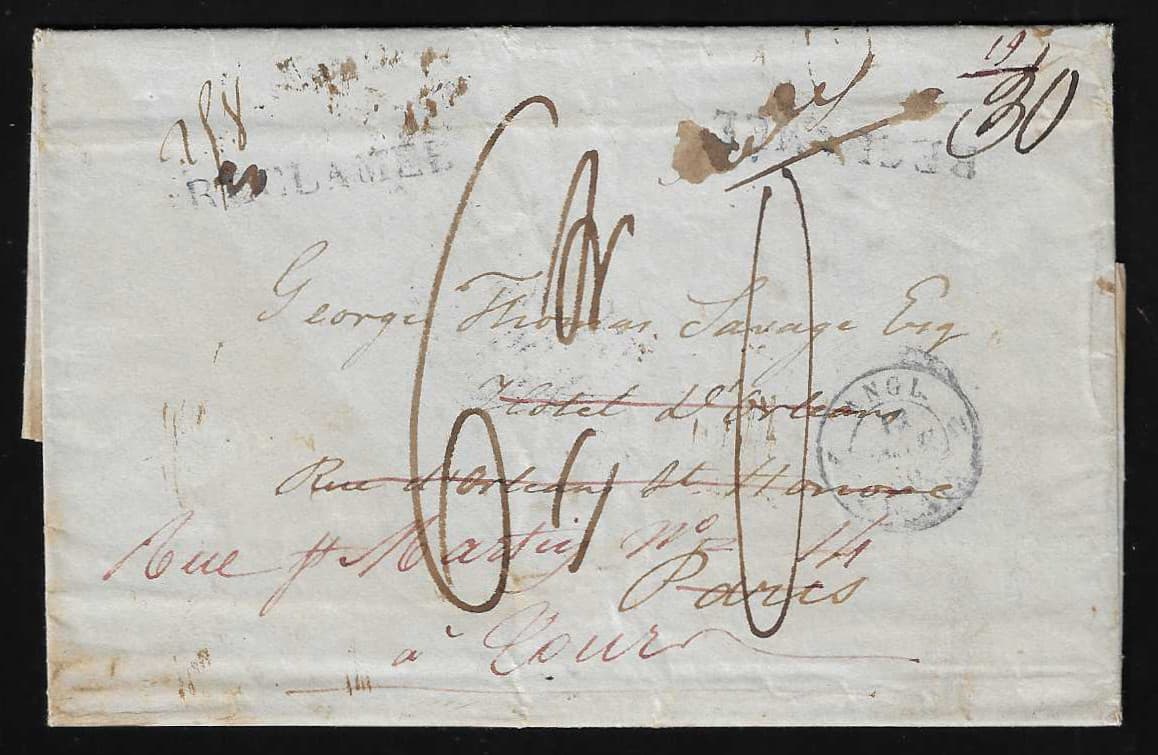 Los 1011 - "England-Frankreich", 1839, Brief von London nach Paris, weiter nach Tours, zweifacher blauer L1 "Reclame" und retour, gesamt 13 Stempel vs./rs. und hs. Vermerke