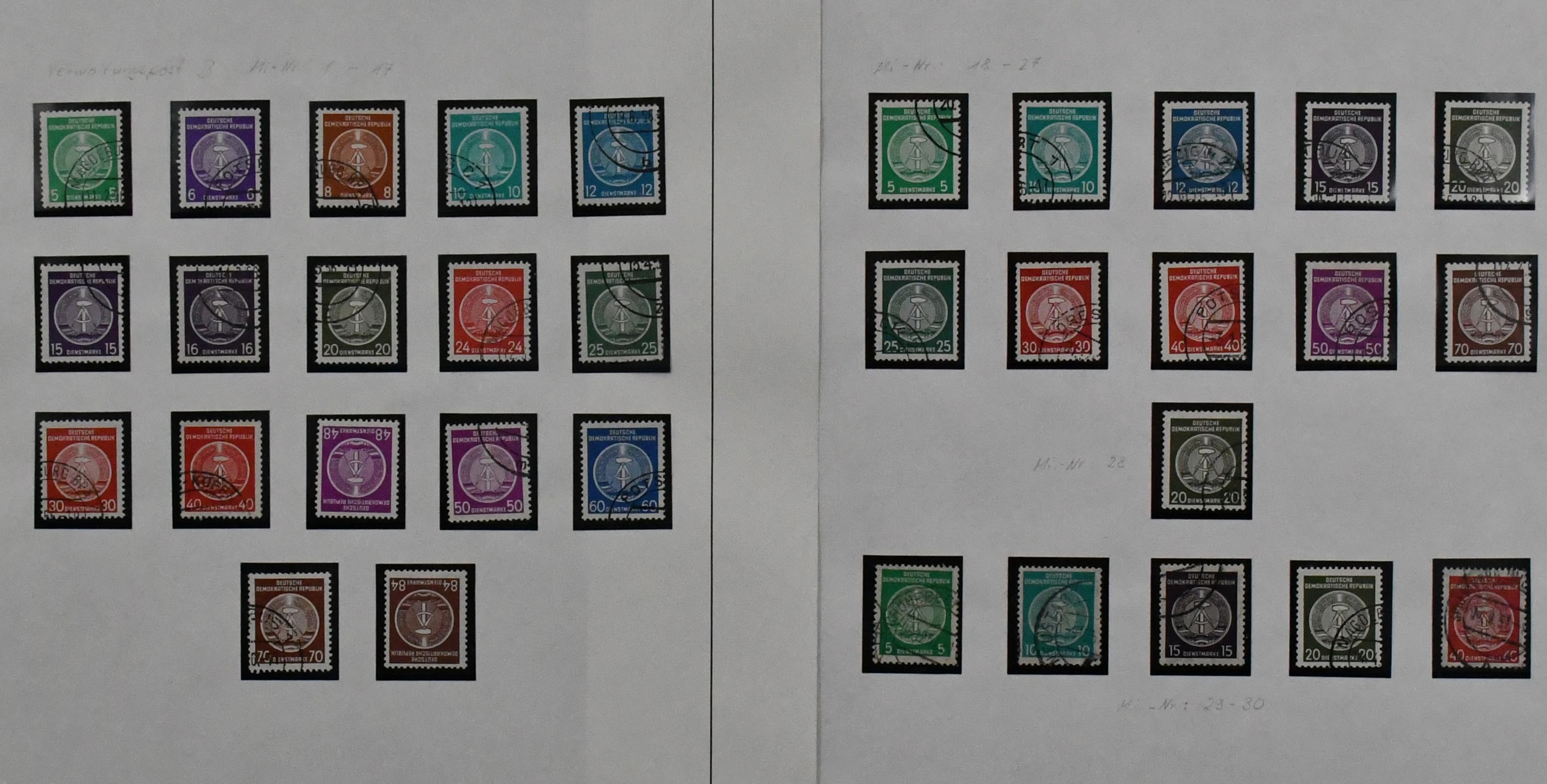 SBZ/NDR, 1945/1990, použitá sbírka vč. SBZ s různými dopisy, stejně jako NDR z let 1949-1990, až na Bl. 8/9A/B, č. 327/41 a několik nevýznamných hodnot, téměř kompletní, s Bl. 7, Bl. 10/19, č. 261/70, 286/88 atd., ve třech předtištěných albech DAVO. Mi. kolem 4000,-
