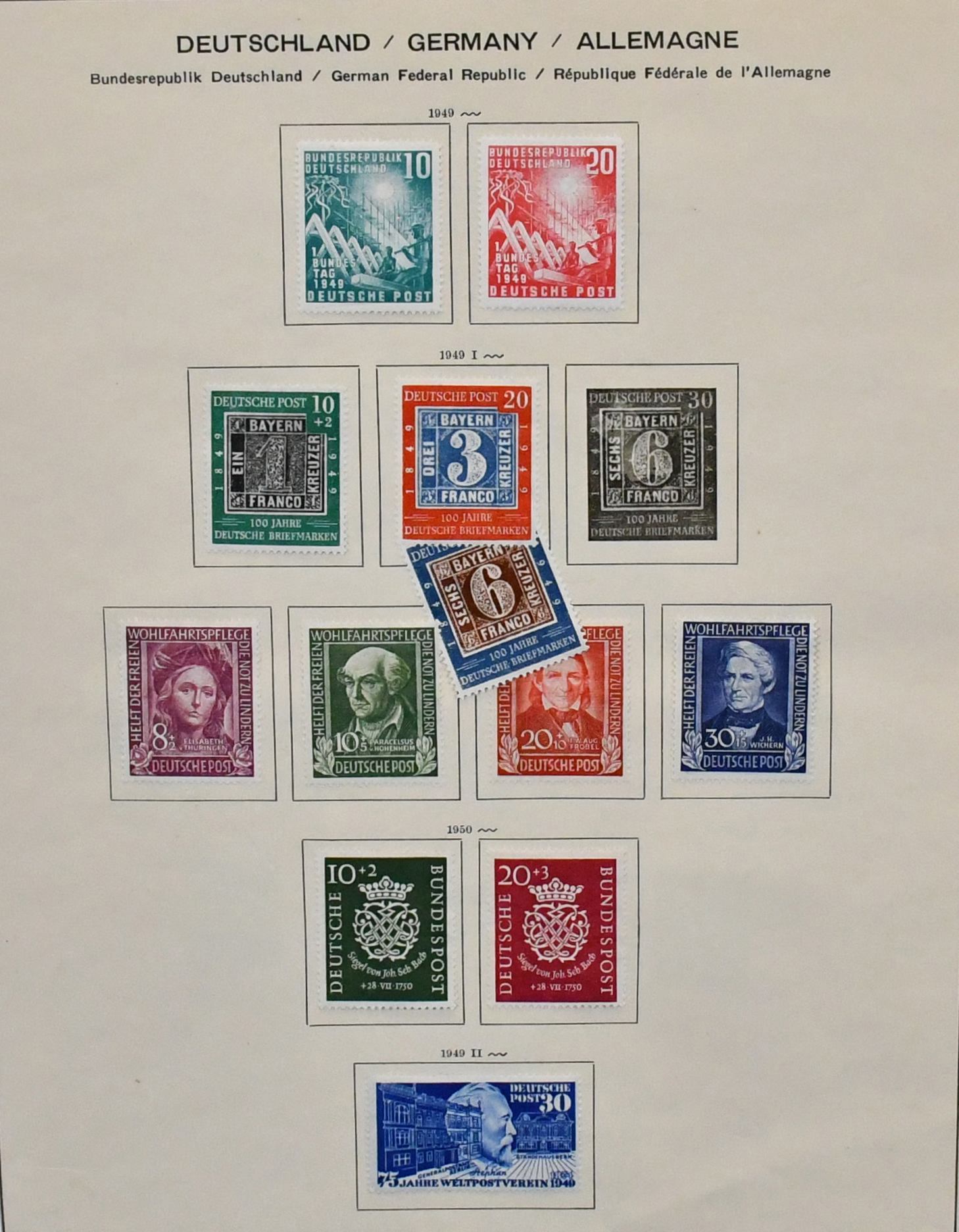 Germany, 1949/1958, complete unused collection of the sought-after early years, with all better issues such as no. 111/22, Posthorn set (Mi. 700,-), no. 139/42, all welfare sets, no. 177/96 etc., on old Schaubek preprinted pages