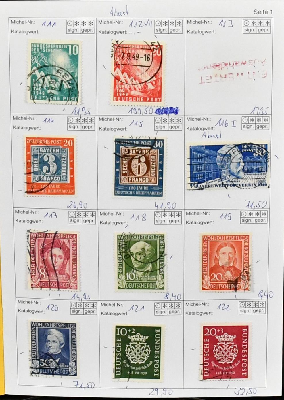 ФРГ, 1949-1955, гашеная, часто специализированная коллекция с № 111, 112VII (Mi. "-.-"), 115, 116I, 117-36, Posthorn включая доп. оттиски, VB № 131, 139-218 полная, Heuss с H-Bl. 5 гаш., 180 в краевом восьмеричном блоке и т.д.