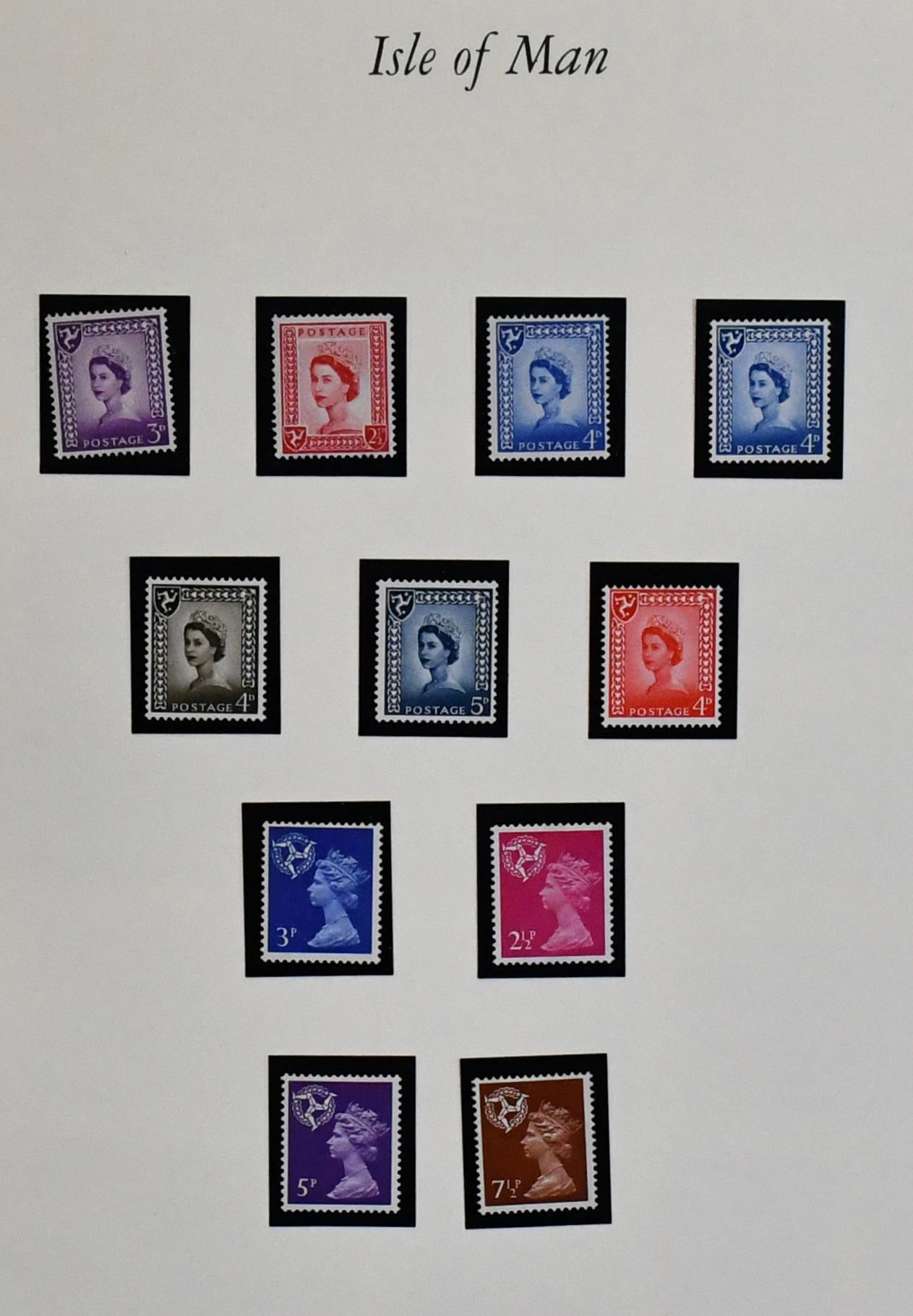 Isle of Man, postfris, 1958-1992 quasi complete verzameling in Borek voorbedrukt album. Plus porto nr. 1/8I in decoratieve complete postfrisse velset, in het midden…