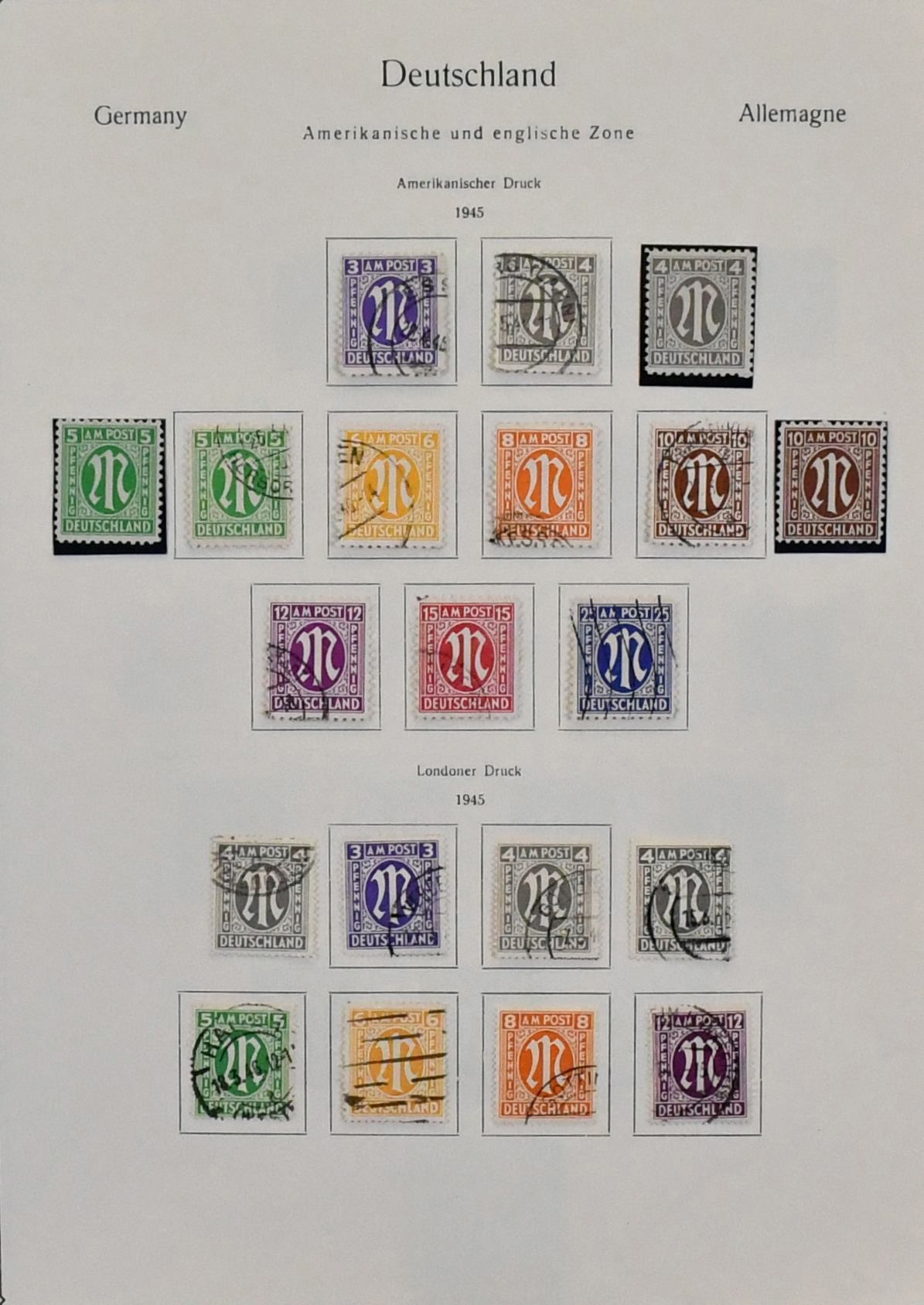 Bizone, 1945/1949, coll. vanaf AM-Post met gestempelde, ongekeurde nr. 34/35, enkele opdrukwaarden, Bauten getand/ongetand en beide typen van de Mark-waarden compleet, nr. 101/10…