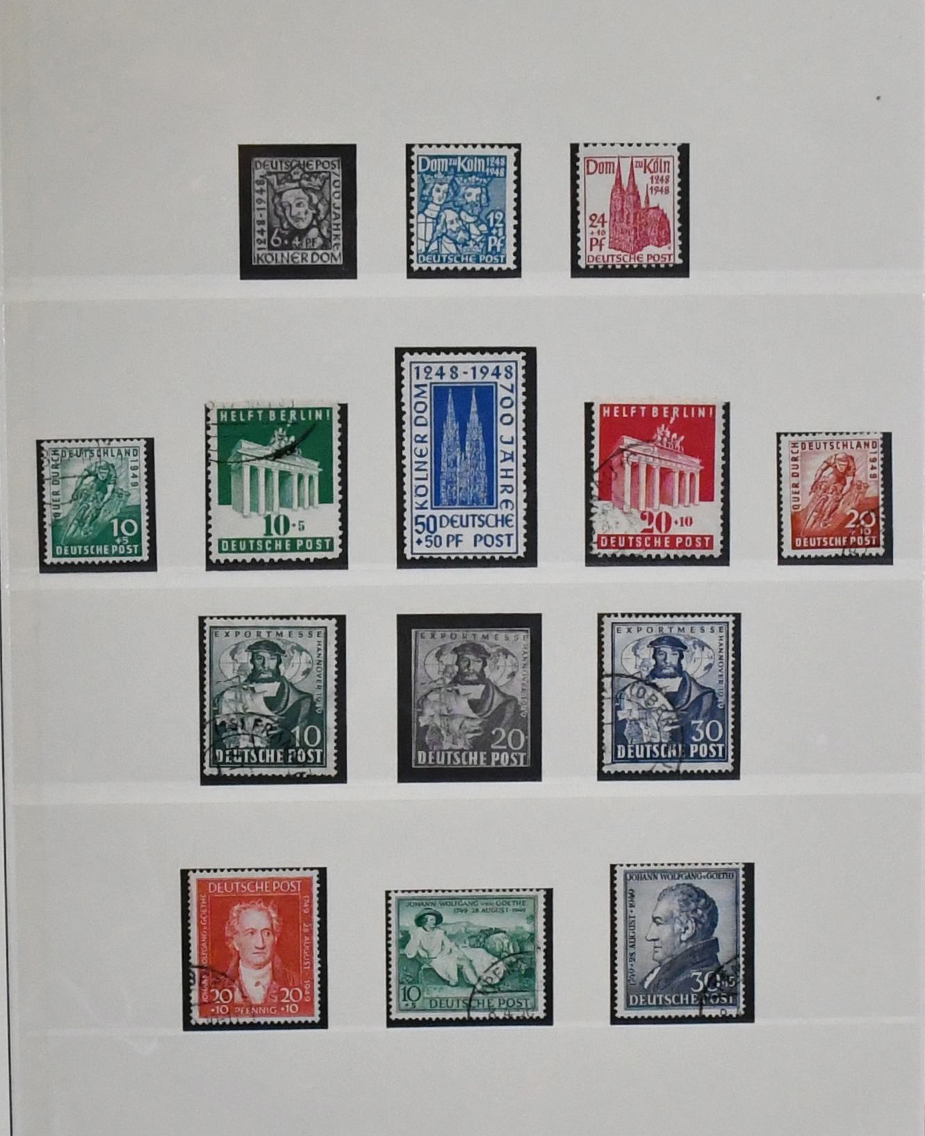 Bizone/Bund, 1948/1985, verzameling met nr. 106/10 gest., blok 1 met plaatsstempel (Mi. 350,-), nr. 111/12 gest., enkele ongest. Posthorn-waarden tot 40 Pfg., nr. 143/46 gest., jaargang 1952 gest., enz., van 1955-1985 compleet ongest., in drie Lindner voorgedrukte albums. Mi. 2700,-