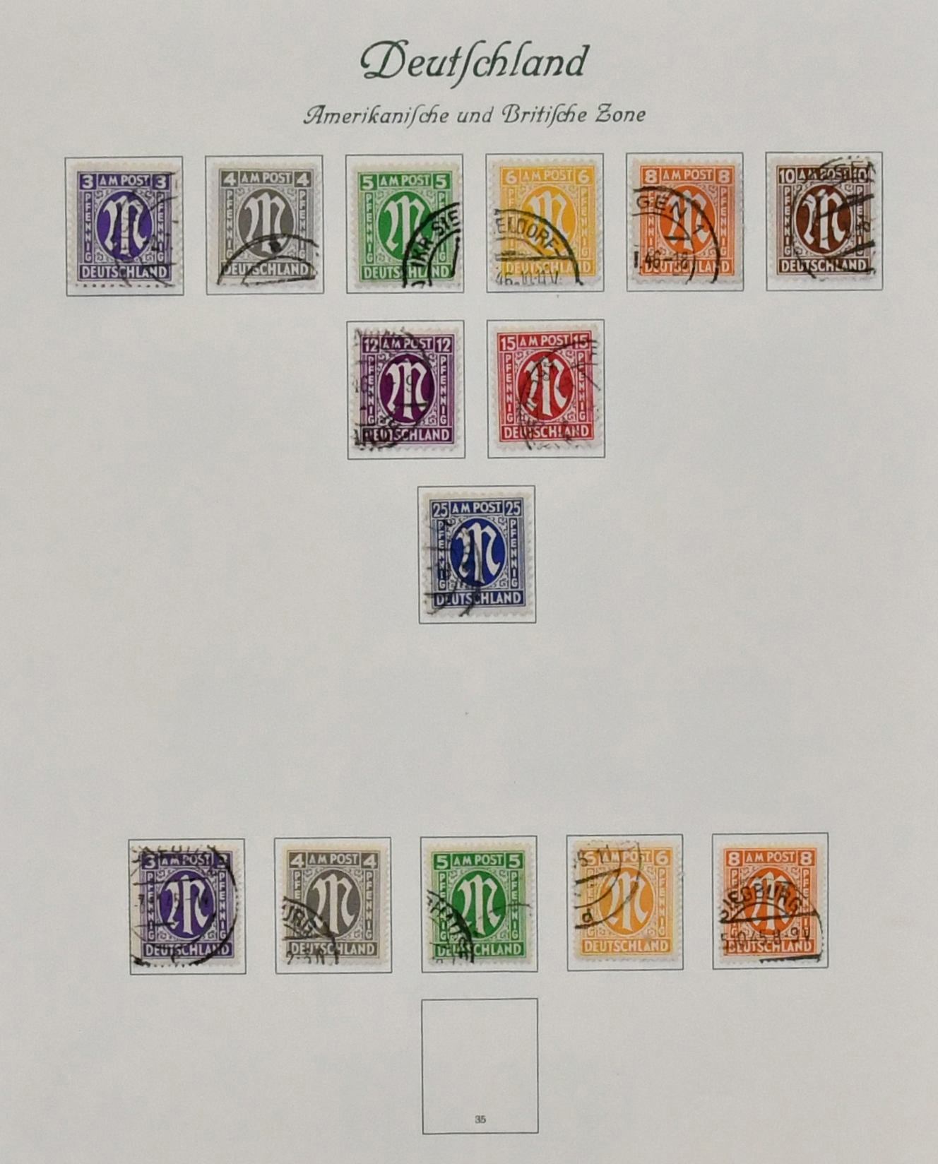 Bizone, 1945/49, overwegend gestempelde verzameling vanaf AM-Post, met nr. 36/51I/II incl. nr. 49I, Gebouwen, nr. 101/10, Bl. 1 op gedenkblad (Mi. voor FDC 500,-) enz., op Borek voorbedrukte bladen