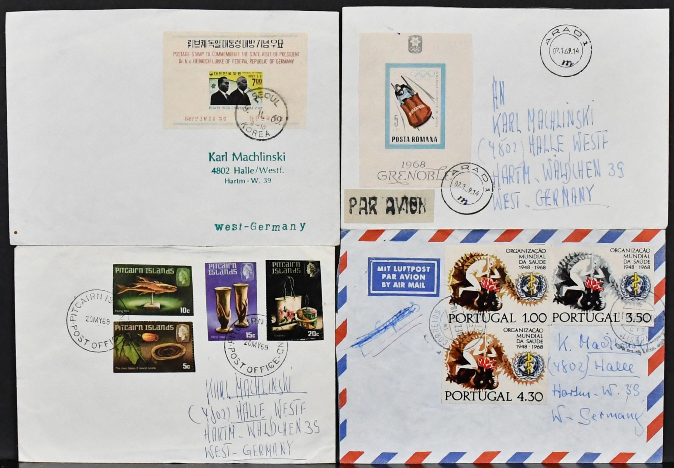 Worldwide, 1968/69, eleven letters each with cut postal fraud issues, among others from Portugal, South Korea, Romania, Czechoslovakia, Hungary and Bulgaria