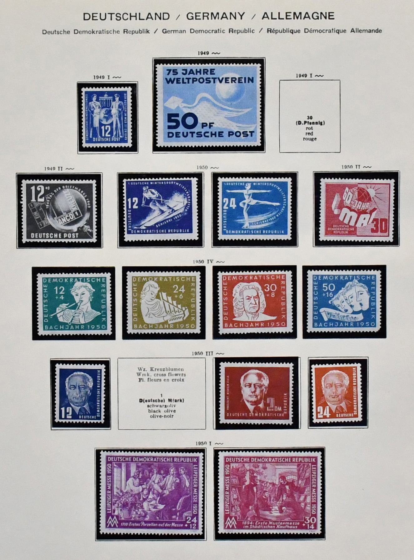 SBZ/NDR, 1945-1978, sbírka ve třech svazcích, **/použité, včetně SBZ, NDR s veletržními emisemi, Bach, Akademie, několik bloků, od 1956 téměř kompletní