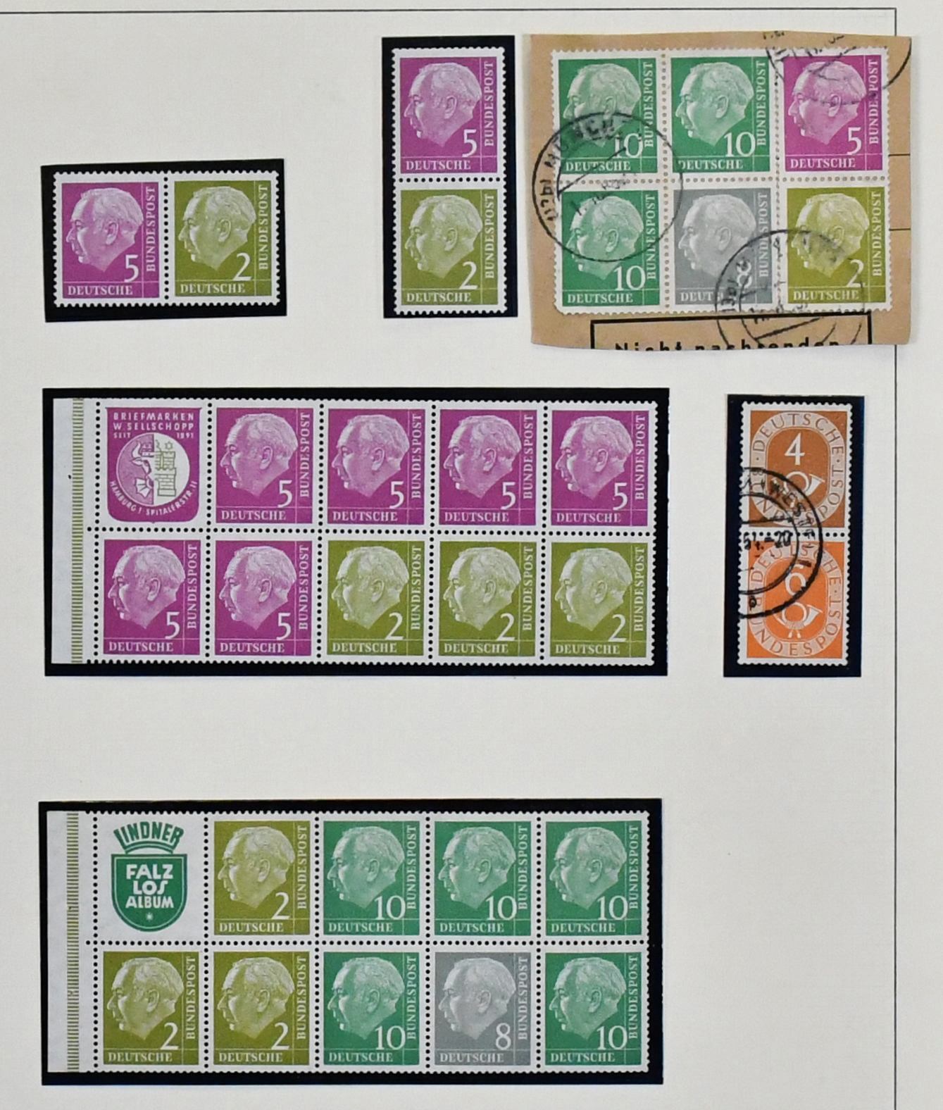 ФРГ, 1949-1980, двухтомная коллекция, в основном гашеная, с марками и документами "живо" оформлена, включая начала № 111-224 полная, плюс Heuss с доп. оттисками и H-Bl., Lumogen на двух документах Darmstadt, длительные серии с квартблоками, Olympia доп. оттиски и многое другое. Mi. 3500,-