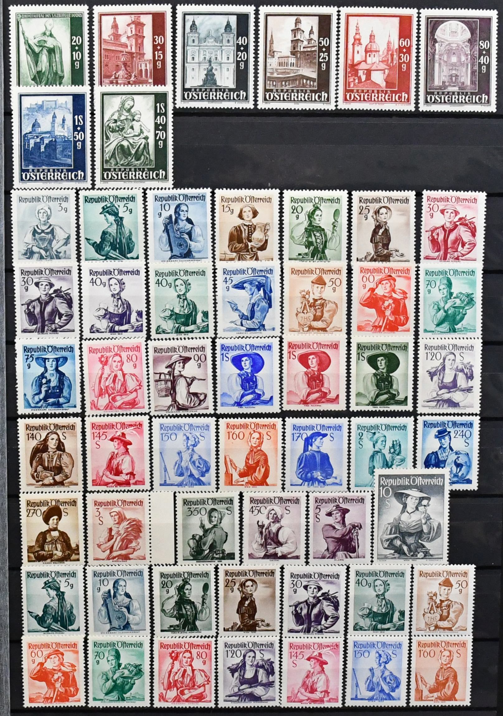 Austria, 1947-2001, czysty nieużywany zbiór, także z arkuszami, dobre wydania jak stroje, Karyntia, ptaki itd. Mi. 4500,-