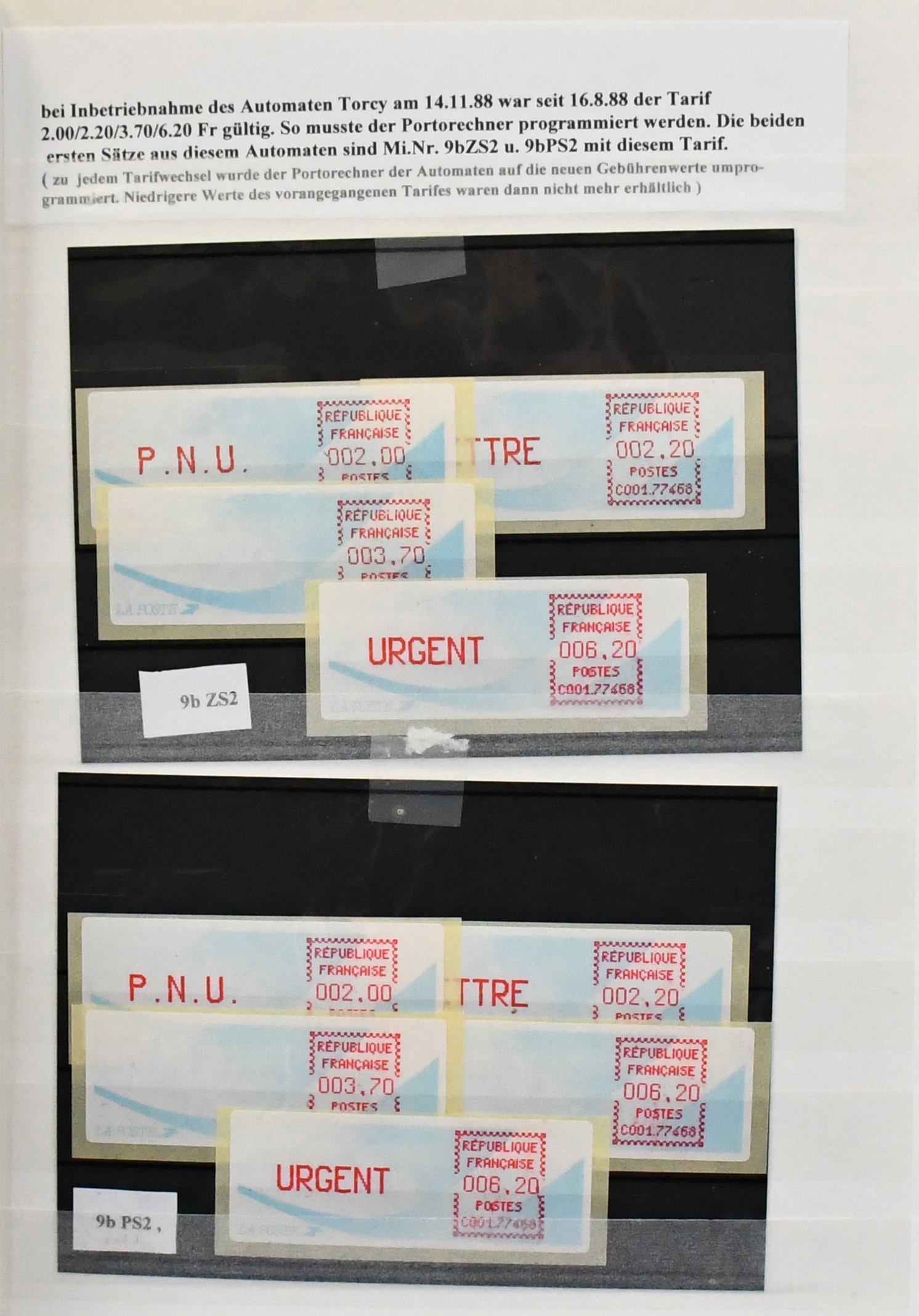 France, ATM special, only Torcy machine, informatively mounted collection in all conditions with 104 values and nine letters, including wrong colours of overprints, depictions of old and new print heads, test stamps, among others ribbon errors, incorrect uses of security paper in the Torcy machine (including a repaired print head) etc. Interesting, rarely offered ATM material