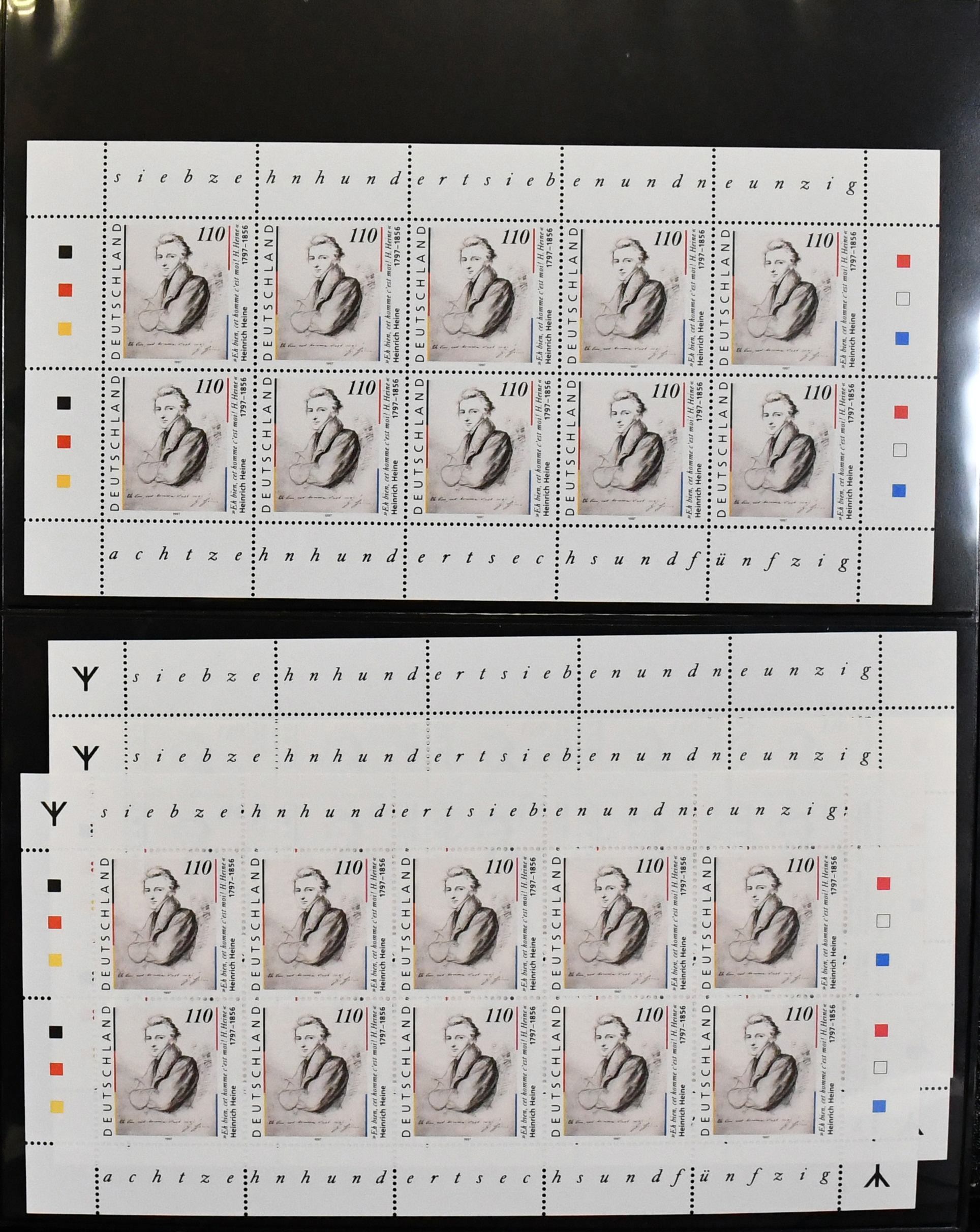 Germany, 1994-2000, mint never hinged sheet of ten collection in 2 volumes, total 330 sheets. High catalogue value (estimated 6000,- Mi.)