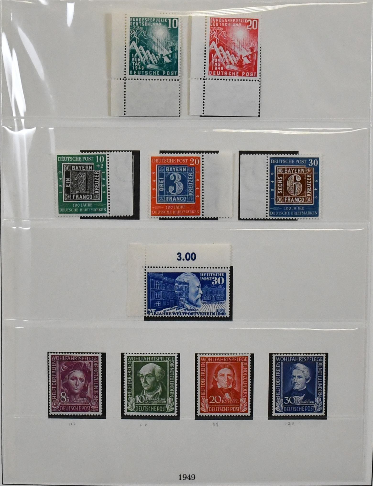 Bund, 1949-1973, practically complete mint never hinged collection (without Posthorn series and a few insignificant values) in Lindner-T preprinted album, including no. 111/12 sheet margin, 113/15, 116 corner 1, 117/20, 121/22, 139/40 sheet margin, 143/46, 156/59, 173/76, Heuss I etc. Mi. approx. 2700,-