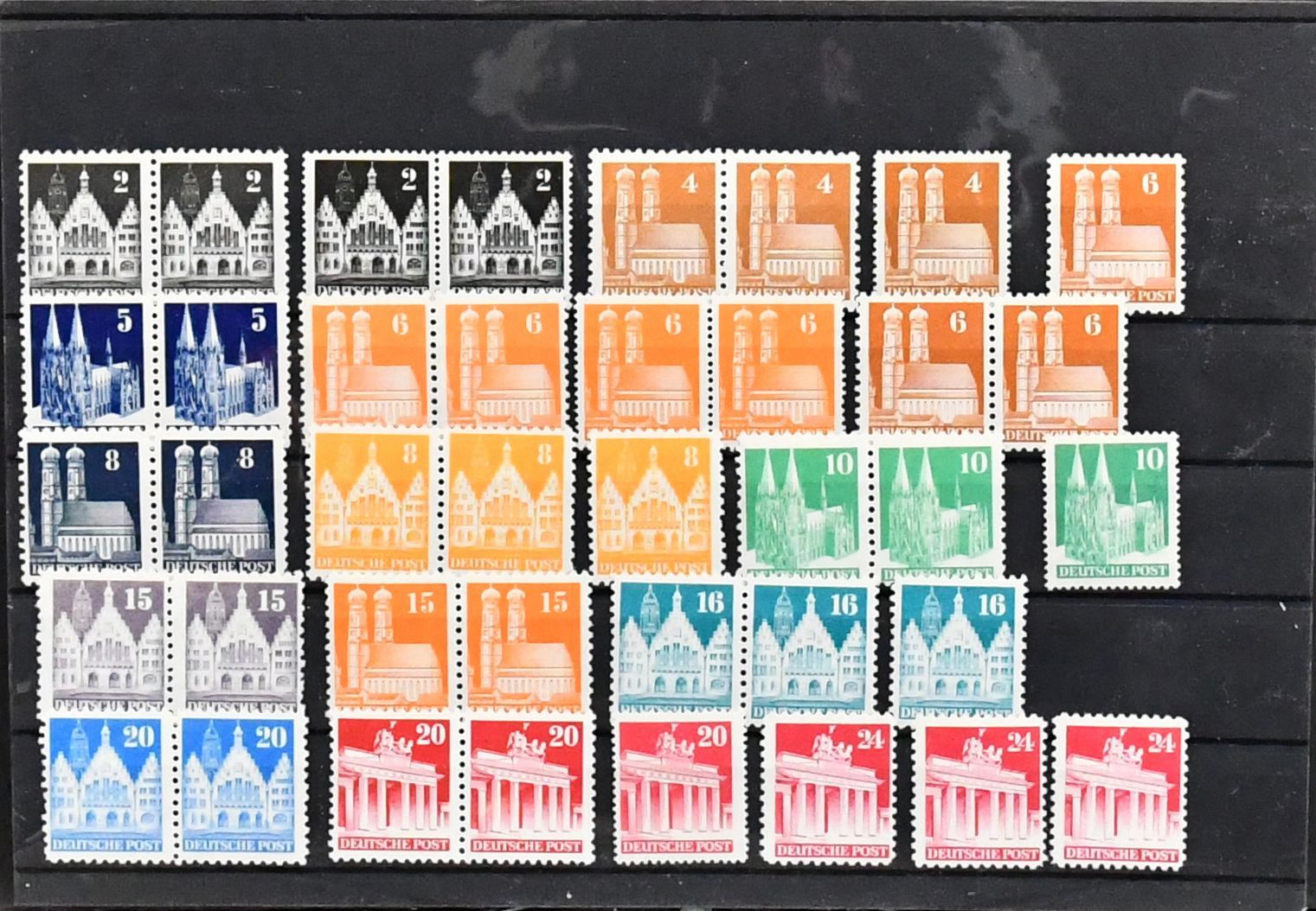 Bizone, 1948/49, postfrisse samenstelling met nr. 69/72 per zeven, Gebouwen met o.a. nr. 93wg (Mi. 100,-), 94eg in horizontaal paar (240,-, kleine plakker, geen vouw)