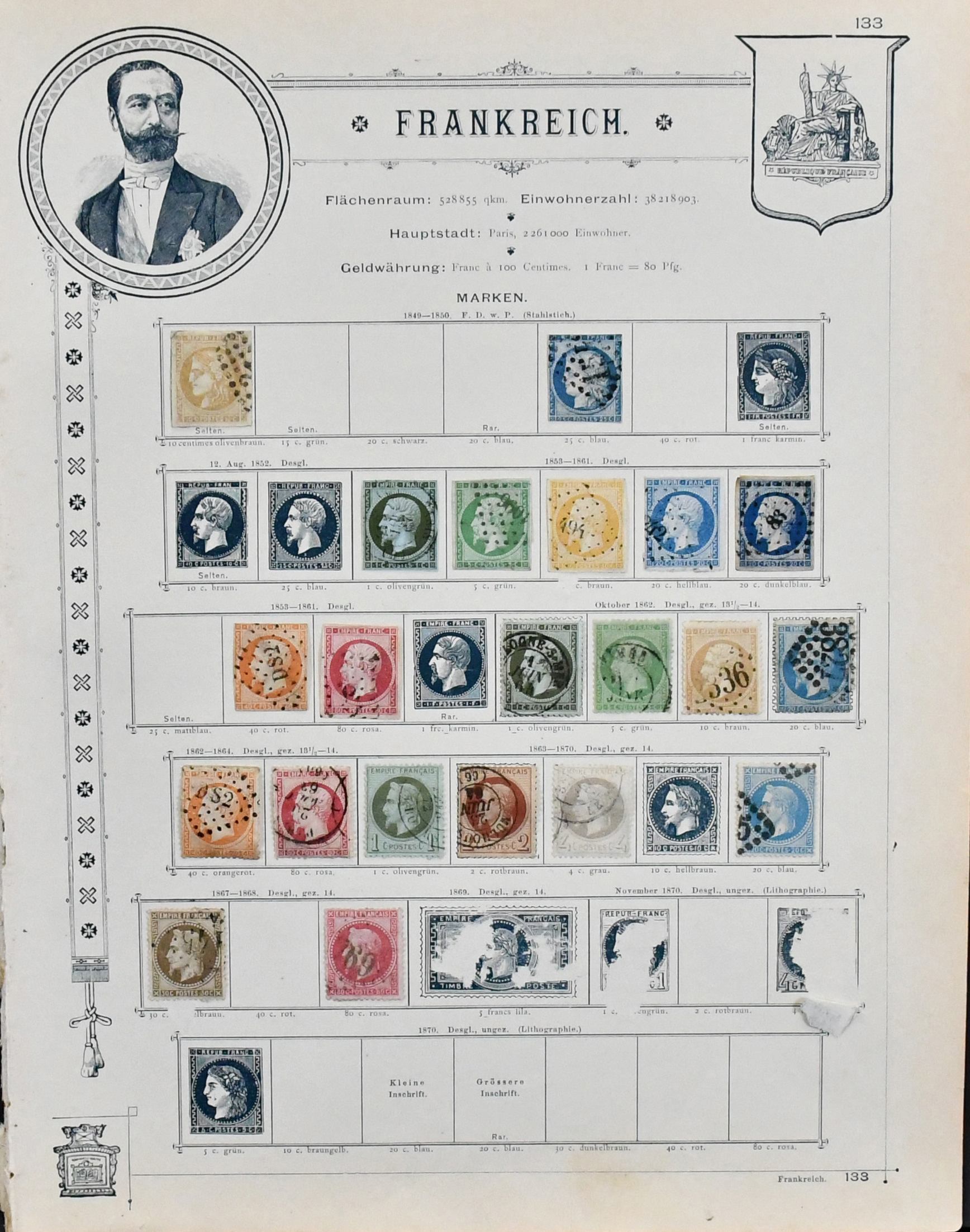 France, 1849-1892, used collection in mixed condition on old gilt-edged pre-printed pages, including no. 4, 10-11, 16, 18-23, 24-26, 40, 45-47, 76 etc., plus...