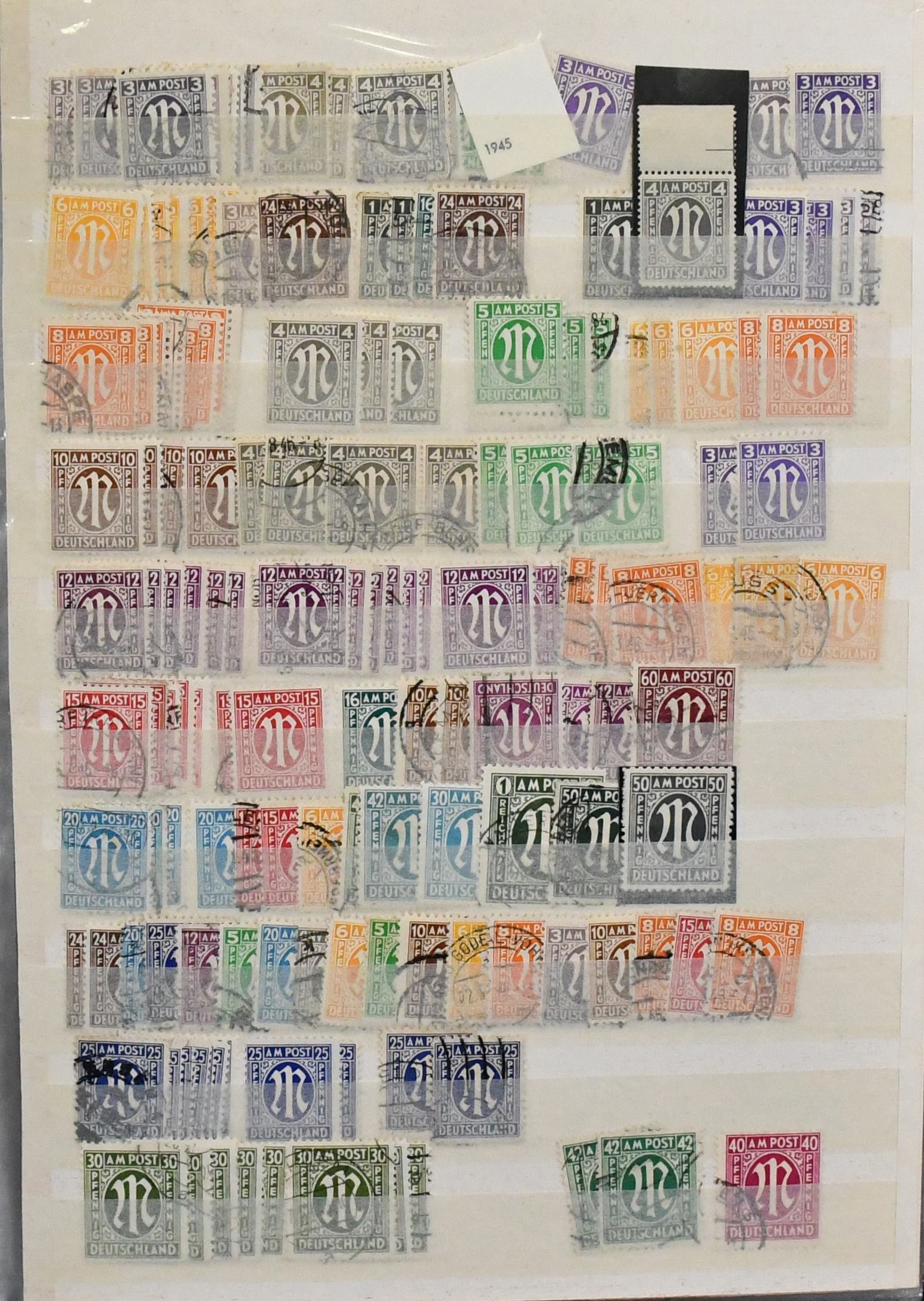 Bizone, partij van ongeveer 1300 waarden, soortenrijk, incl. veel AM-Post, o.a. twee keer nr. 35 gest. (stempel ongekeurd), twee keer blok 1, nr. 101/10 meervoudig enz.