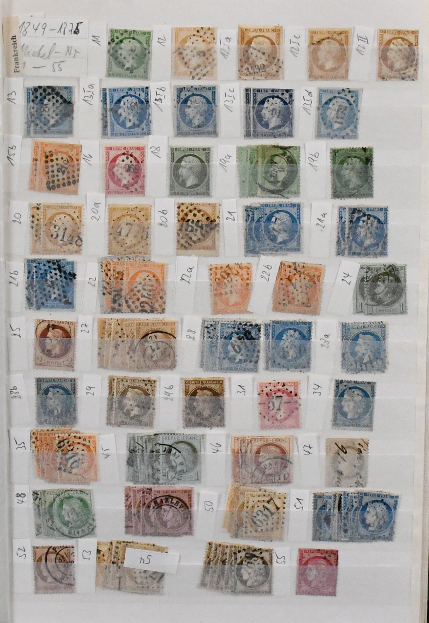 France, 1849/1990, varied lot of 8500 used values from classic, in two thick E albums. Including over 100 Ceres and Napoleon values from no. 11, with no. 15/16, 18/22, 45/55, much Allegory up to 5 Fr., no. 144/51 (unused), 212/14 etc. Due to the quantity, enormous cat. value