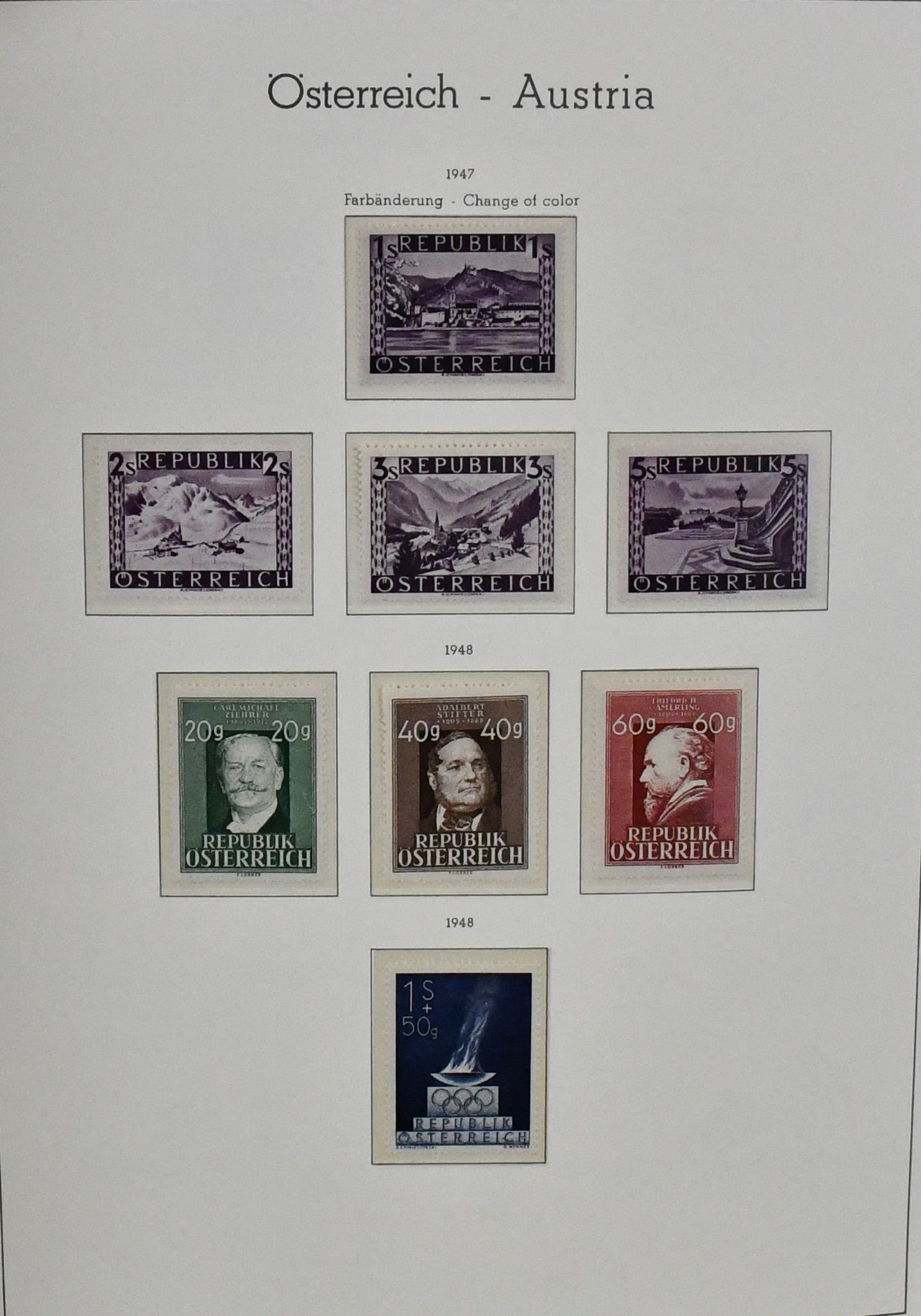 Austria, 1945-1997, czysty zbiór w dwóch zielonych albumach przedrukowych Leuchtturm z etui, prawie kompletny.