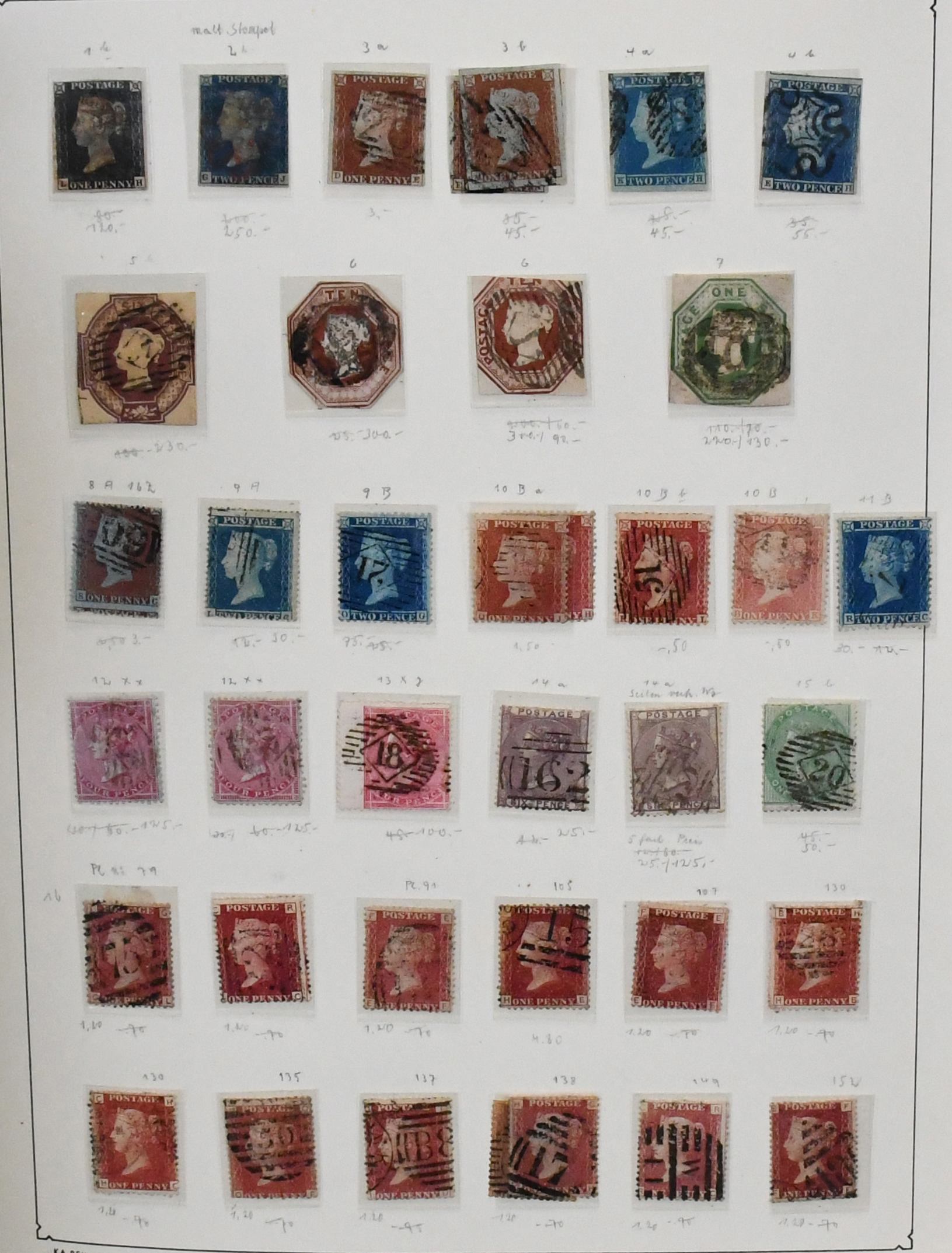 Groot-Brittannië, 1840-1967, hoogwaardige, meest gestempelde verzameling in album, met vele toppers zoals "Black Penny" in drie exemplaren (met rode en zwarte Maltezerkruis-stempels), nr. 2, 3(3), 4 (2 en in paar), 5-7 (vierkant gesneden), 72-81, 82-84, 117(2) enz., plus het dienstzegeldeel met diverse topwaarden zoals o.a. nr. 1-6, 22-25 (Mi. 2000,-), 26-31, 33, 50, 69-71 enz. Mi. 11.000,-
